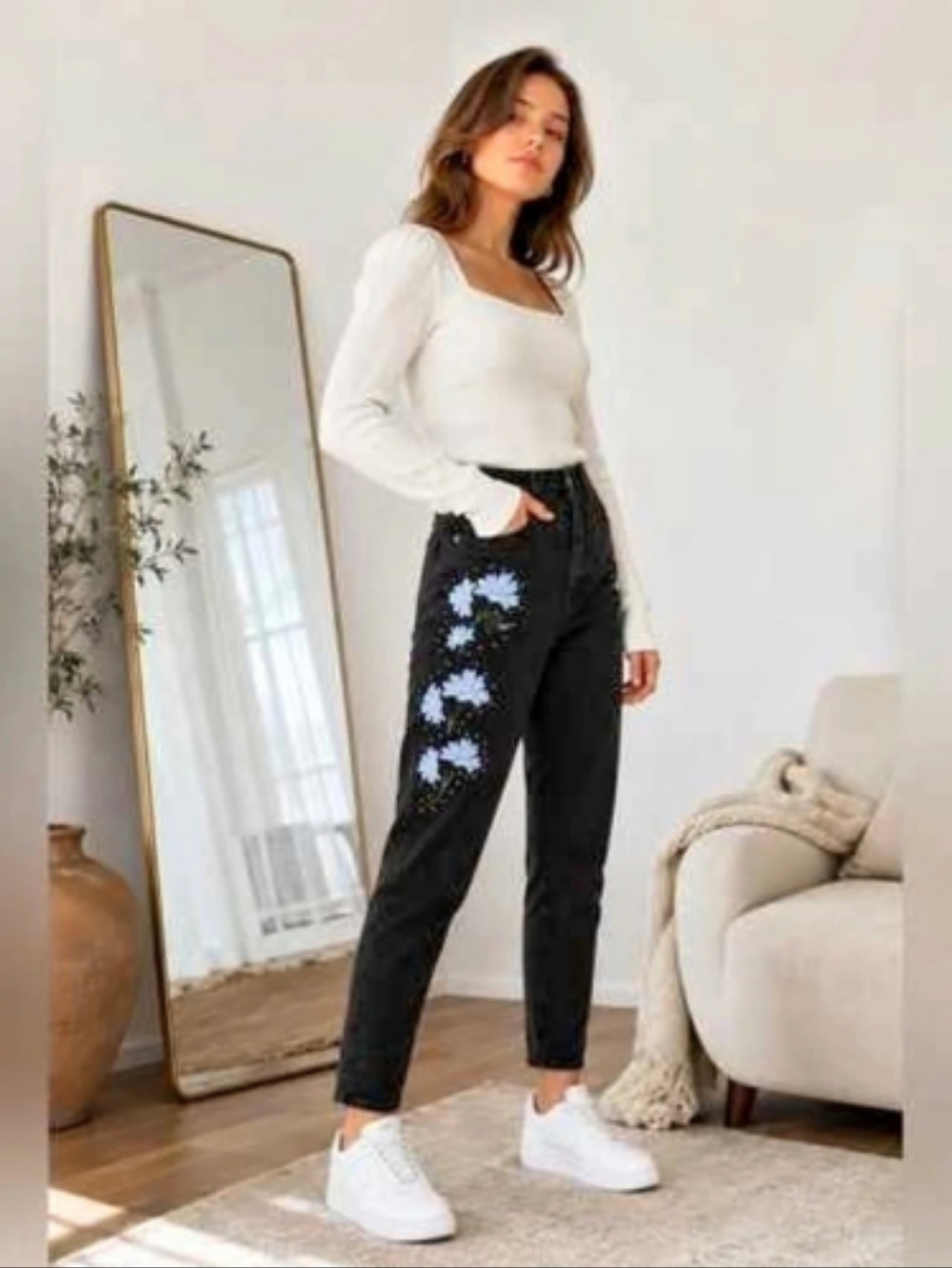Topshop Mom Jeans Floral Embroidered